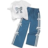 SOLY HUX Girl's 2 Piece Outfits Bow Short Sleeve T Shirts and Wide Leg Pants Set Summer Clothes Blue and White 12Y