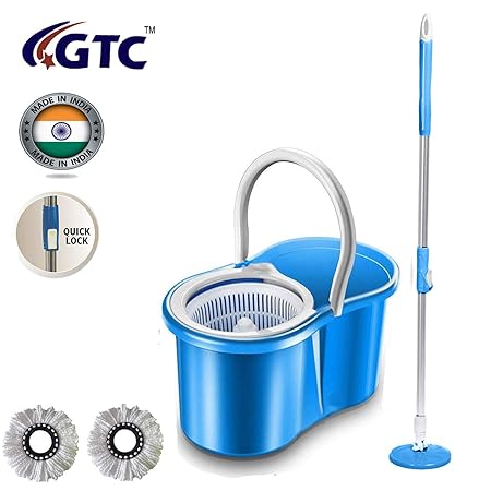 GTC Plastic 360 Degree Spin Floor Cleaning Easy Bucket Mop with 2 Microfiber Heads (Multicolour)