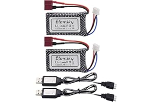 Blomiky 2 Pack 7.4V 2S 30C 1000mAh 7.4Wh Lipo Battery T Plug and USB Charger Cable Suitable for Haiboxing 18859 18859A 16890A and XLH Q903 RC Trucks / Q903 Battery 2