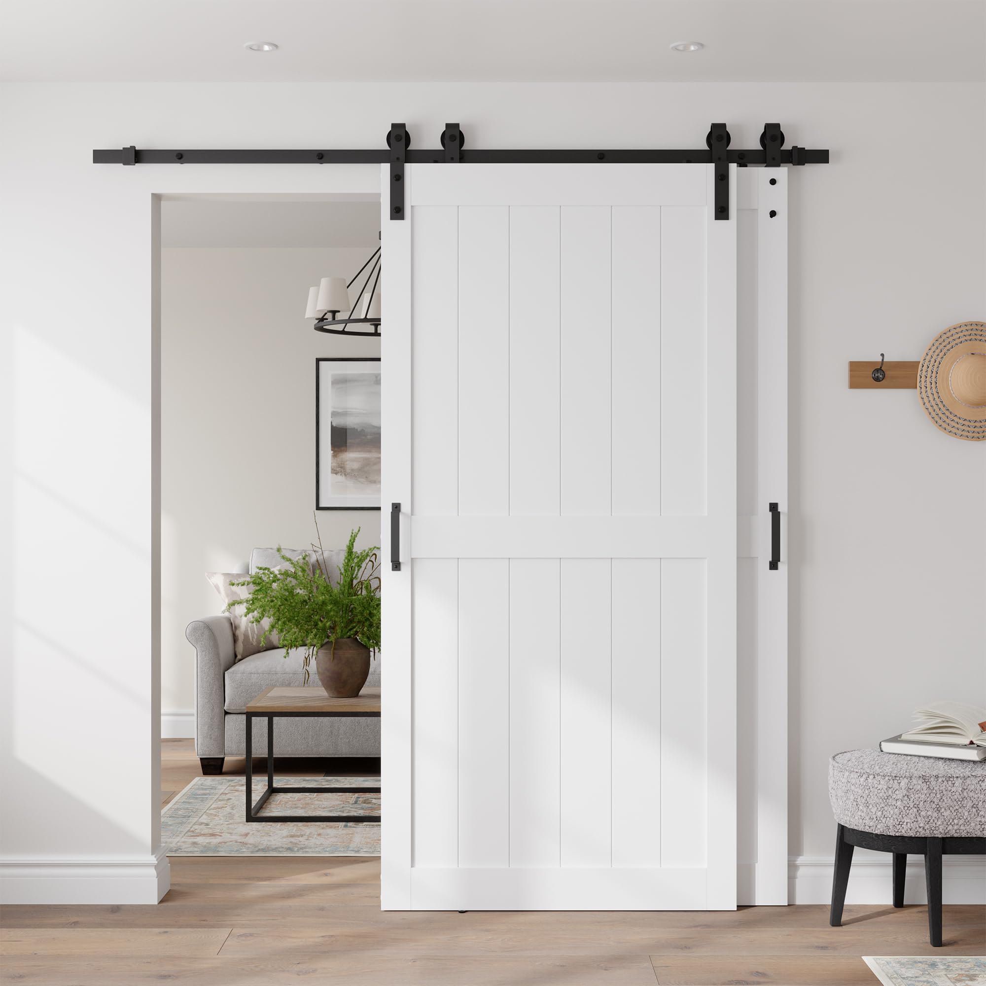 Photo 1 of COSHOMER 42" x 96" Bypass Barn Door, Sliding Barn Door with 7FT Track Hardware Kit Included, H Shape Solid Core MDF Barn Doors, Waterproof PVC Surface, Save Space, Easy to Install, White