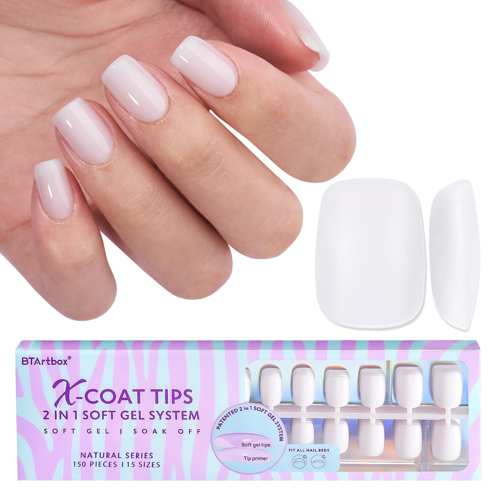 BTArtboxnails XS Short Square Gel Nail Tips - Pre Colored Milky White Soft Gel Nail Tips, Milky White Press on Nails, Natural XCOATTIPS Pre Applied Tip Primer