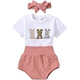 Fernvia Infant Baby Girls Easter Outfits Short Sleeve Rabbit Print Romper Elastic Waist Shorts with Hairband 3Pcs Clothes Set