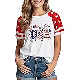 XLIEVO 4th of July Shirts Women:USA Color-Blocking Short-Sleeve American Flag Crew Neck Graphic Tee Patriotism T-Shirt