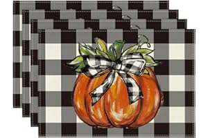 Artoid Mode Buffalo Plaid Pumpkin Fall Placemats Set of 4, 12x18 Inch Seasonal Autumn Table Mats for Party Kitchen Dining Decoration