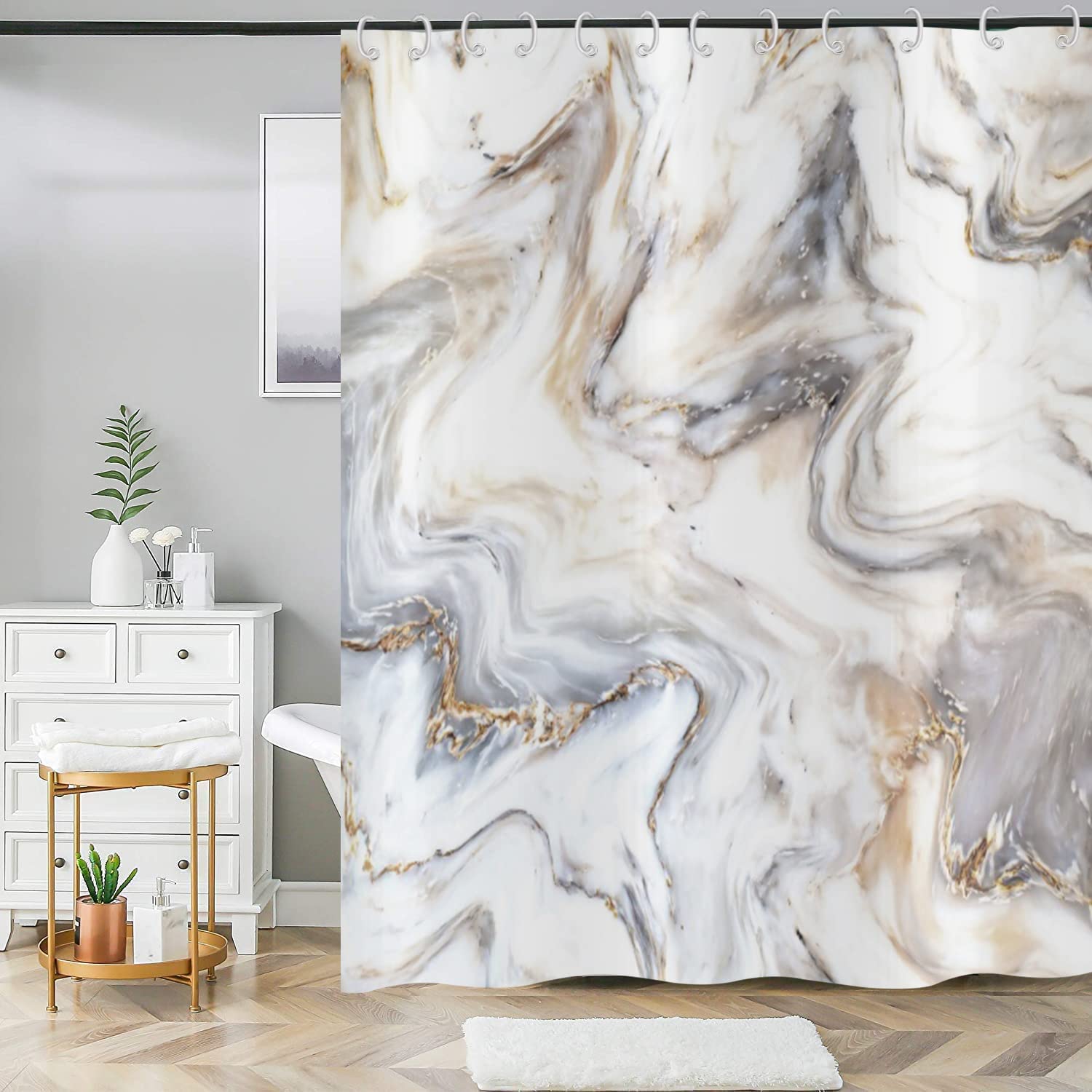 ASDCXZ Marble Shower Curtain 180x180 cm, Waterproof Fabric Shower Curtains, Modern Abstract White Grey Gold Marble Optic Texture Outdoor Washable Polyester Bathroom Curtain with 12 Hooks