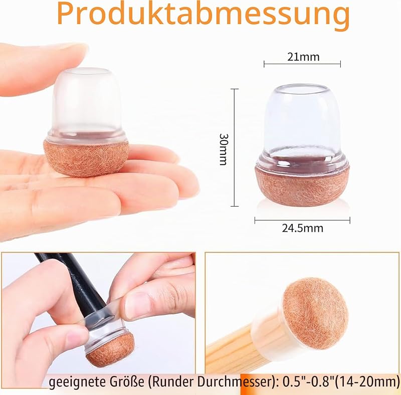 Schutzkappen Für Stuhlbeine mit Filz, Gummi stuhlbeinkappen, Filzauflage, Möbelmatte Für Hartholzböden Rund Transparent, Durchmesser Φ 13-20mm 16pcs