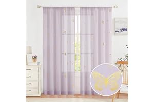 Jubilantex Butterfly Sheer Curtain Panels for Baby Girls Bedroom, Toddler Gold Print Linen Rod Pocket Voile Drapes 84 Inch for Kids Room Living Room, Lavender/Lilac Purple, 2 Panels