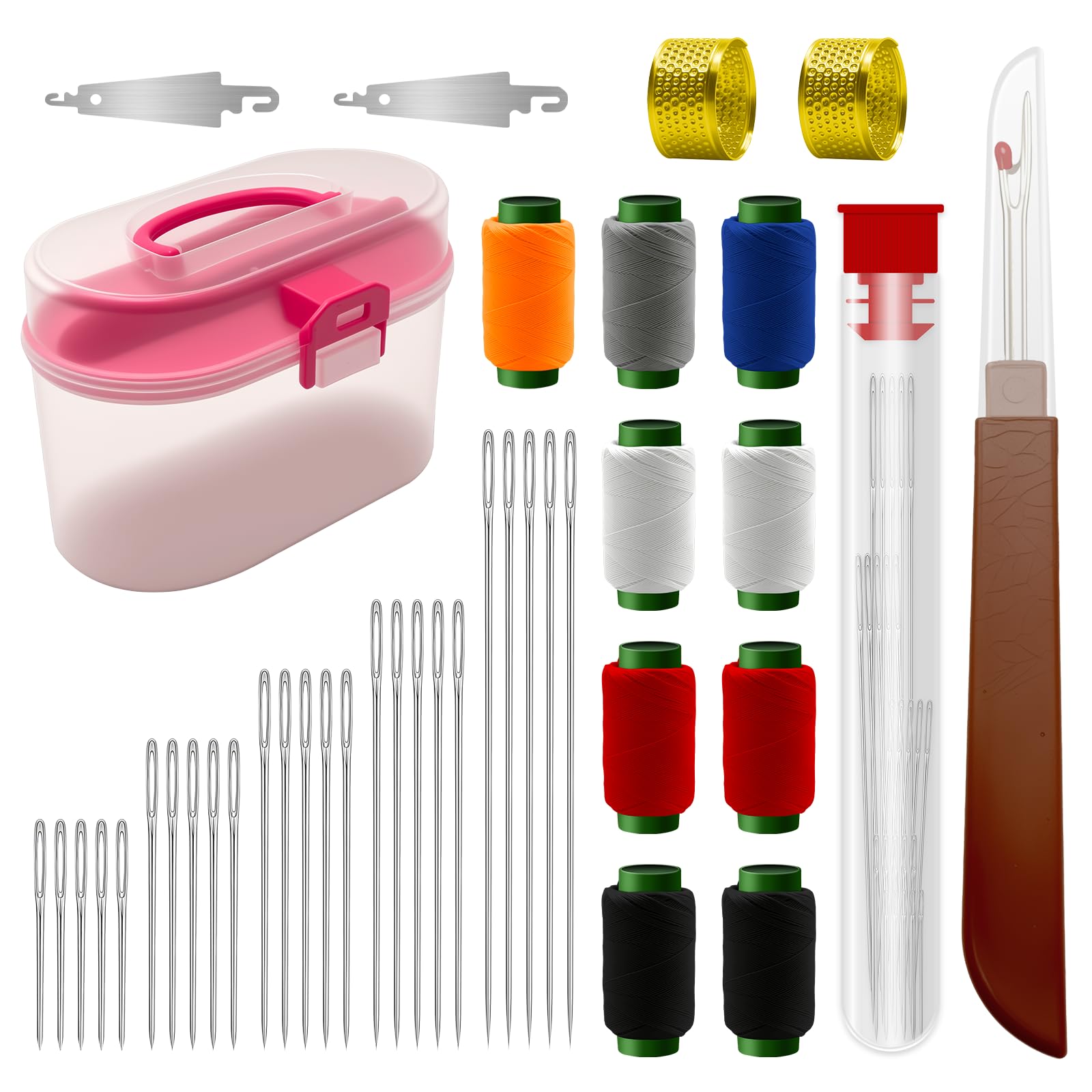 Photo 1 of 40piece Stainless Steel Needles for Hand Sewing,Big Eye Steel Sewing Needles Kit,Stainless Steel Sewing Needle Kit with Thread Ripper, Needle Threaders,Threads,Thimbles and Sewing Box
