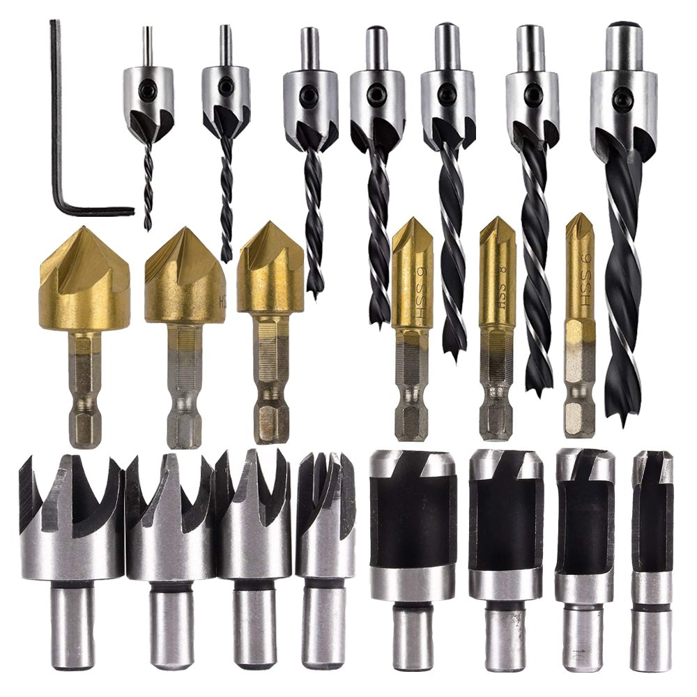 Woodworking Drilling or Chamfer tool,8PCS 5/8" 1/2" 3/8" 1/4" Wood Plug cutter,6pcs 1/4" Hex Shank HSS 5 Flute 90 Degree Countersink Drill Bits,7pcs Three Pointed Countersink Drill Bit with L-wrench