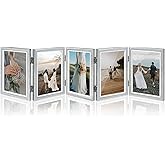 Chihutown 5 Hinged Picture Frame, 5" x 7" Folding Photo Frame with High Definition Acrylic, Wood Made Family Picture Collage Desk Decor, Foldable Vertical Picture Frame (grey)