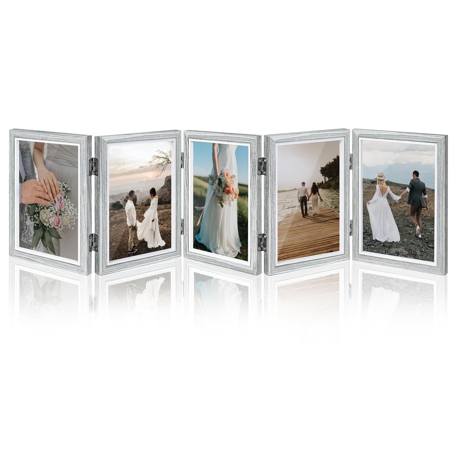 5 Hinged Picture Frame, 5" x 7" Folding Photo Frame with High Definition Acrylic, Wood Made Family Picture Collage Desk Decor, Foldable Vertical Picture Frame (grey)