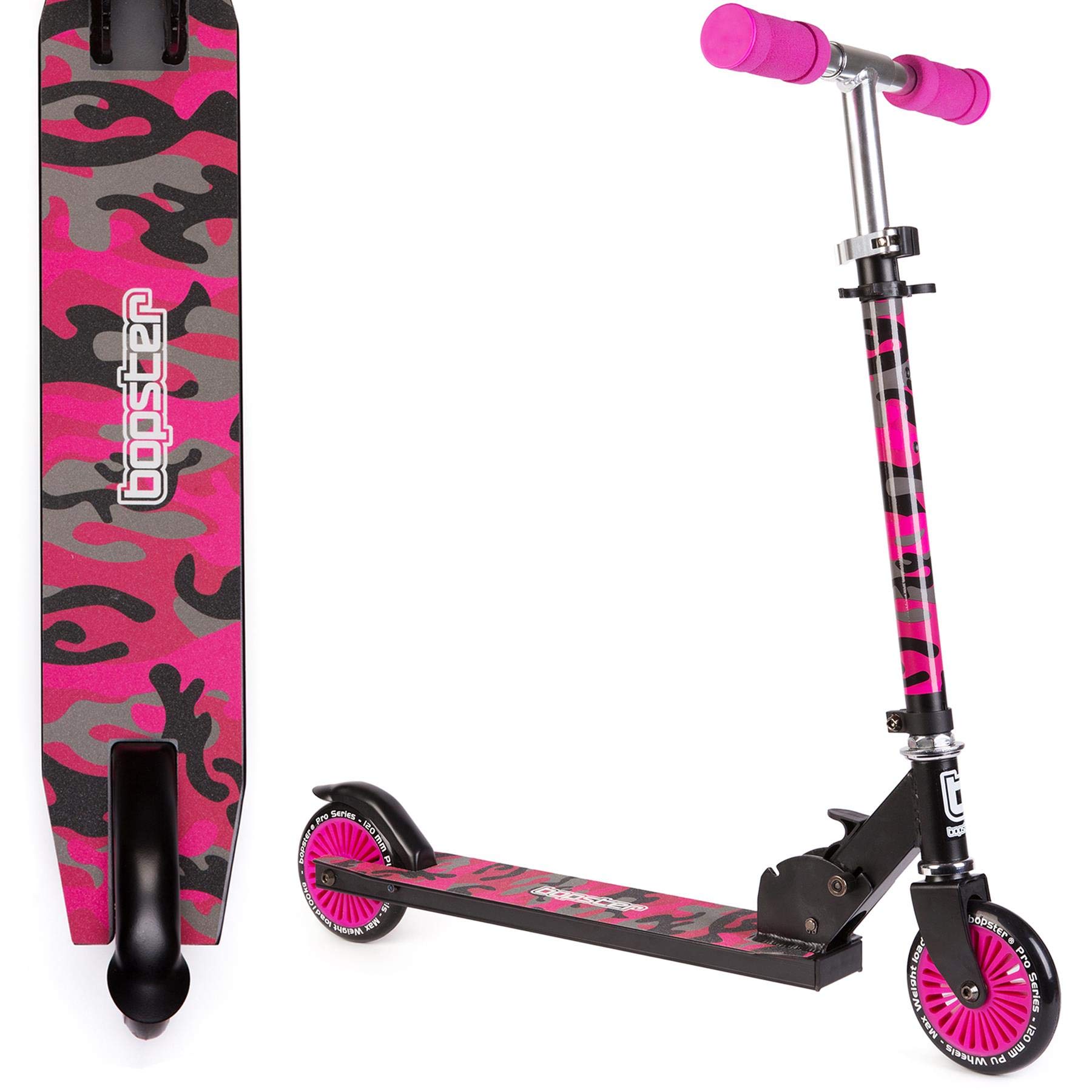 Bopster Foldable Kids Scooter Ages 4+ | Adjustable Height | Lightweight Folding Scooter with Soft Handlebar Grips | 4 Colour Options - Pink Camo