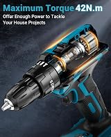 MHPRO Cordless Drill Set 21V 2 Batteries 2000mAh 42N.m 2 Speed 14 Bits view 4