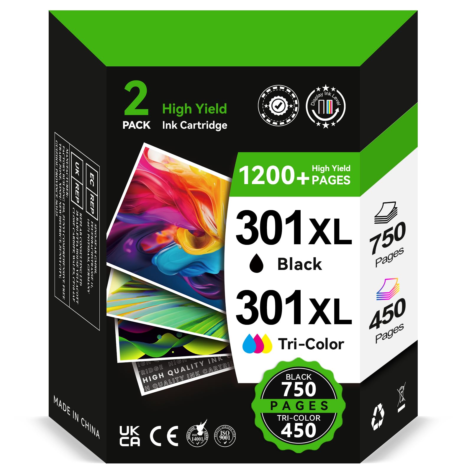 301XL Ink Cartridges Black and Colour - 750/450+ Pages, Replacement for Original HP 301 Ink Cartridges Combo Pack, Printer Ink 301 for DeskJet 2540 2050 3050 Envy 4500 5530 OfficeJet 2620 4630 4632