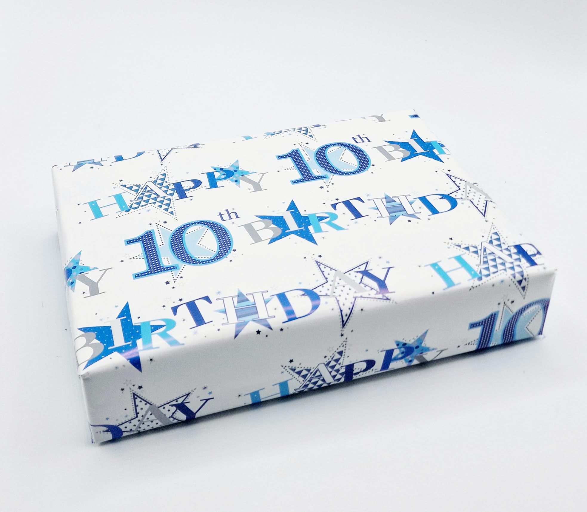 Party Angels 4 Sheets 4 Tags Star Design 10th Birthday Blue Boy Wrapping Paper Age 10 Birthday Gift Wrap Paper Boy Male (PA)
