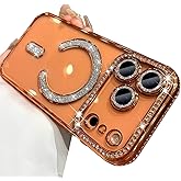 AuroiCCY for iPhone 17 Pro Max Case Magnetic, [Compatible with MagSafe] Women Cute Clear Glitter Bling Diamond Rhinestone Sparkly Case Camera Lens Protectors Plating Cover 6.9'' 2025, Orange