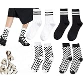 CHUNFO Womens Crew Socks Plaid Striped Casual Running Athletic White Grey Brown Checkerboard Crew Socks Size5-9