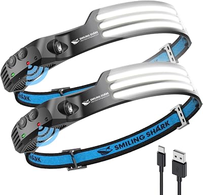 Smiling Shark LED Headlamp 230° Wide Angle 2 Pack Rechargeable White Light