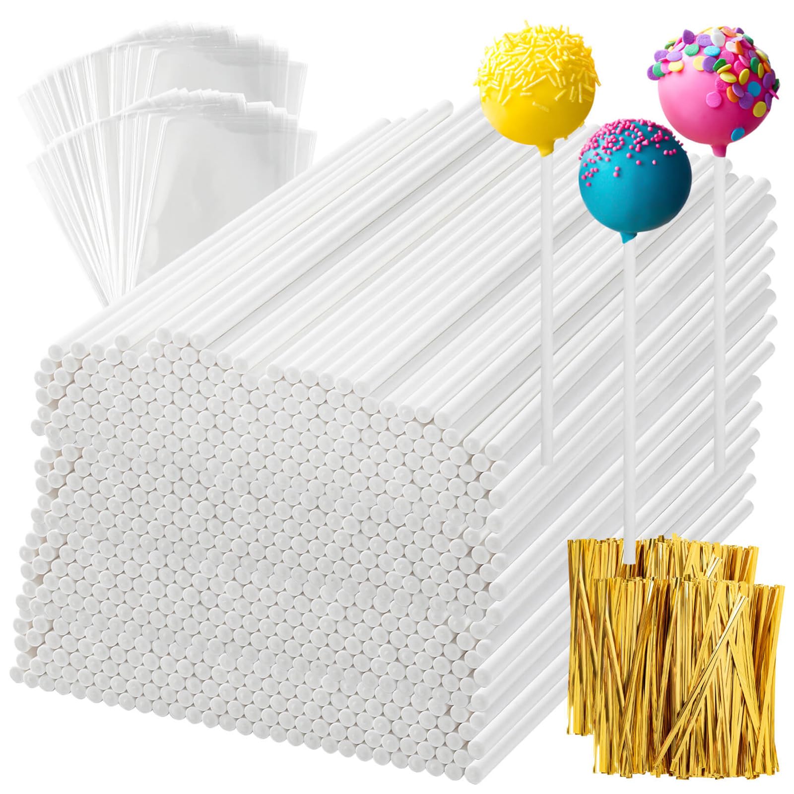 1200Pcs White Lollipop Sticks, 6IN Cake Pop Sticks with Clear Treat Bags & Gold Twist Ties for Candy Making Accessories