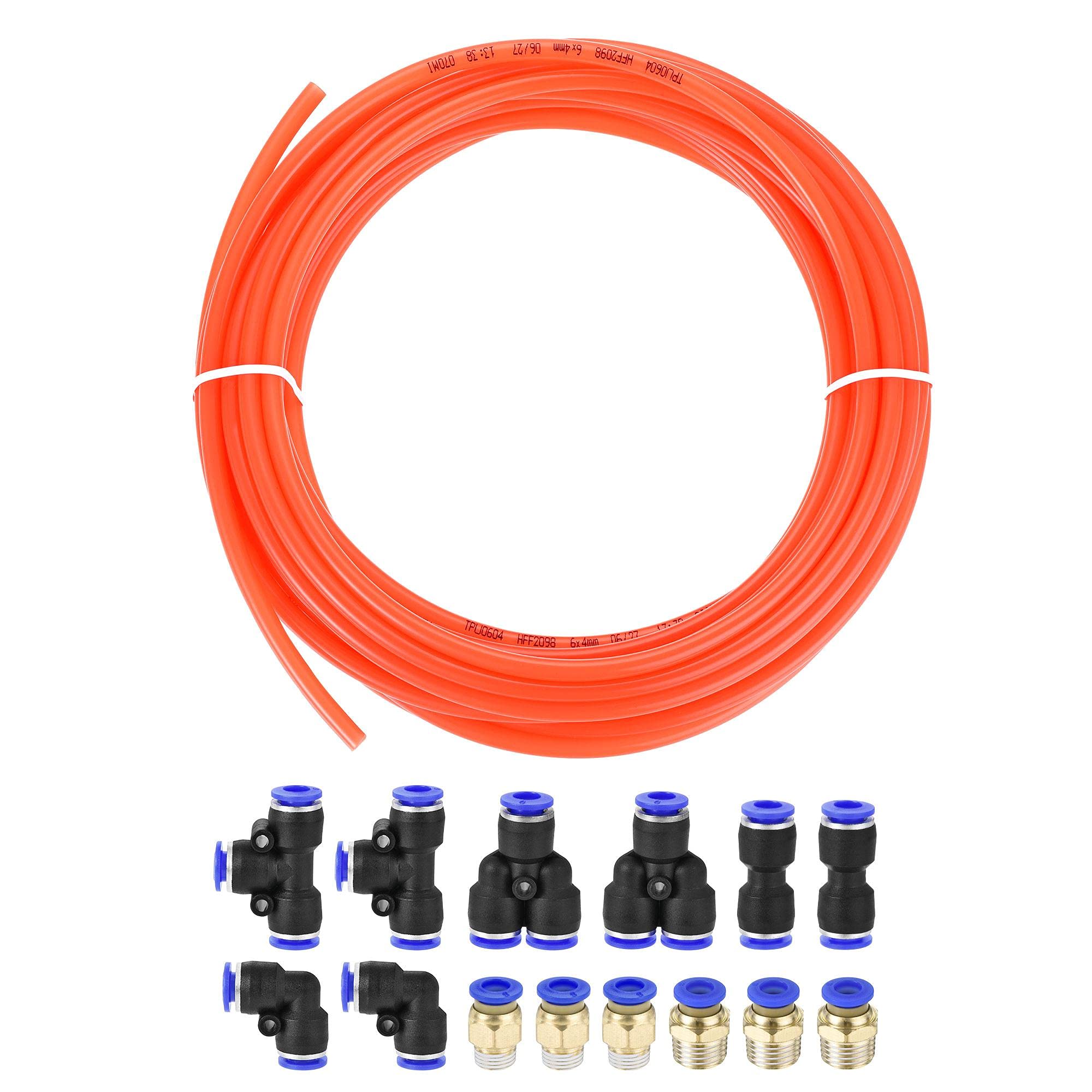 sourcing map Pneumatic 6mm OD Polyurethane PU Air Hose Tubing Kit 10 Meters Orange with 14 Pcs Push to Connect Fittings