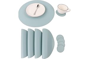 JOVONO Faux Leather Round Placemats and Coasters, Coffee Mats Kitchen Table Mats, Waterproof, Easy to Clean for Kitchen Dining Round Table
