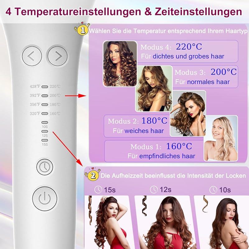 Rizador de Pelo Automatico,con Protección Anti-Quemaduras, Ajuste de Temperatura y Tiempo, Antienredos, para Todo Tipo de Cabello, Ondas Estilo Salón,(Blanco) — foto 3 de 8
