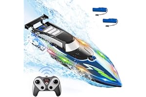 YAVOZOKL Remote Control Boat for Pools and Lakes,2.4 GHZ Self Righting Fast RC Boat with LED for Kids 4-7 8-12 and Adults,Toy Boat with 2 Rechargeable Battery,Waterproof Anti-Collision Low Battery Alarm(Blue)