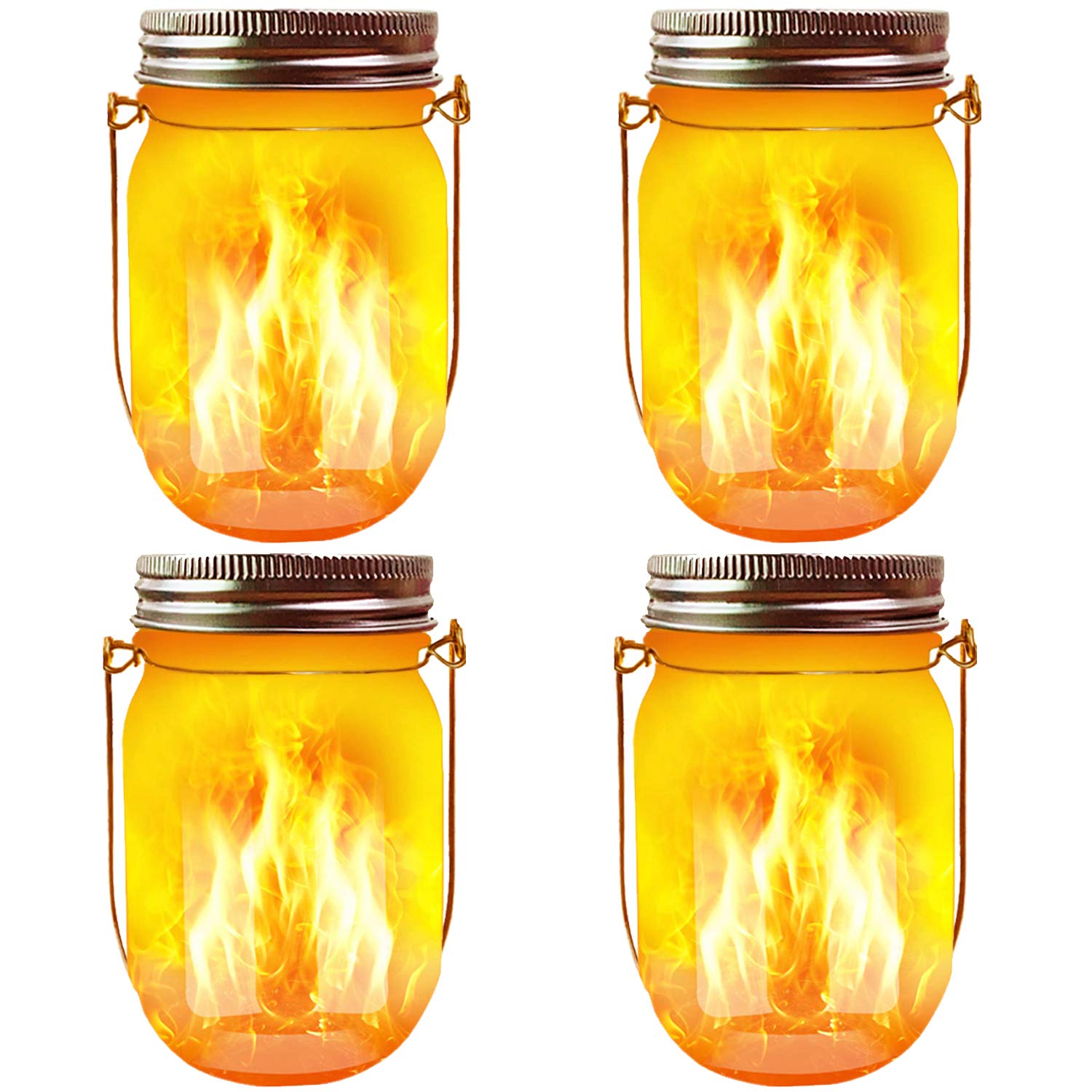 Photo 1 of ***CLEAR JAR ONLY/MISSING LIDS AND LIGHTS***Solar Mason Jar Flicker Lights Upgraded, 4 Pack Flickering Torches Lights Outdoor Hanging Lanterns Landscape Decoration Lighting Dusk to Dawn Auto On/Off Security Halloween Torch Lights
