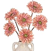 Briful Realistic Fake Flowers Bulk – 6pcs Gerbera Daisy Artificial Flowers Bouquet, Spring Summer Faux Flowers Indoor for Vase Filler, Wedding Centerpieces, Home & Outdoor Decor, Dark Orange
