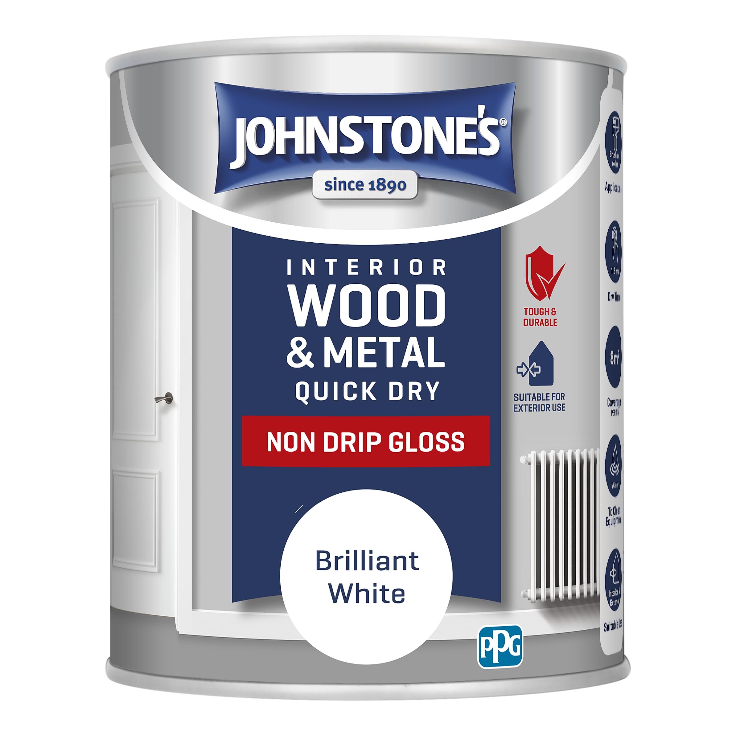 Johnstone's - Wood & Metal Paint - Gloss Finish - Brilliant White - 750ml - Water Based - Quick Drying - Radiator Paint - Low Odour - Dry in 1-2 Hours - 8m2 Coverage per Litre