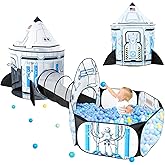 SISTICKER 3pc Ball Pit for Toddlers Kids Play Tent with Tunnel Pop Up Tent for Kids Indoor and Outdoor White Rocket Ship Play