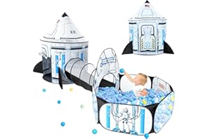 SISTICKER 3pc Ball Pit for Toddlers Kids Play Tent with Tunnel Pop Up Tent for Kids Indoor and Outdoor White Rocket Ship Play