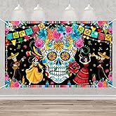 MEHOFOND Day of The Dead Banner for Mexican Fiesta Dia De Los Muertos Backdrop Sugar Skull Flowers Birthday Fiesta Banner Photo Booth Studio 5.9x3.6ft