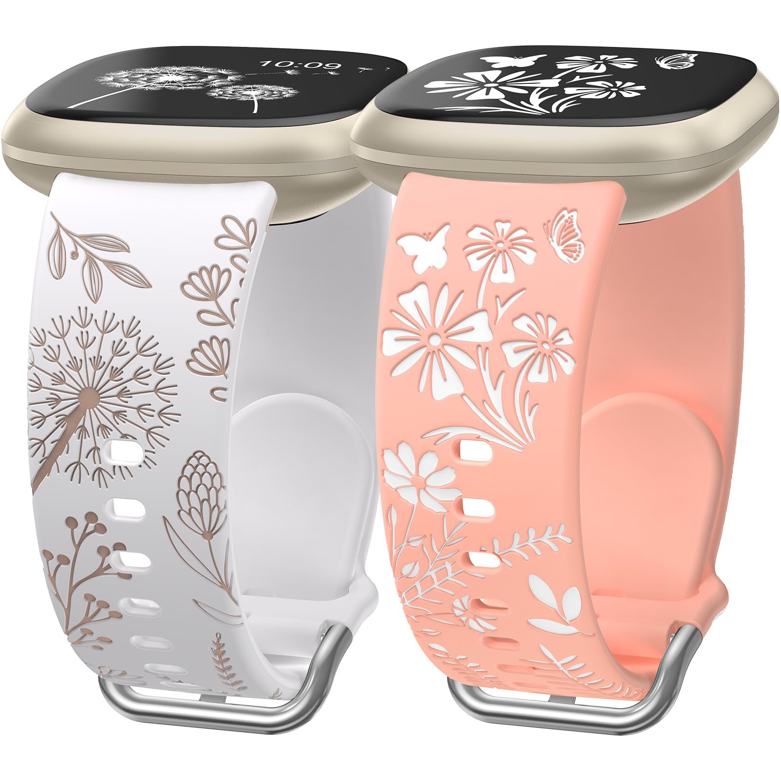 Wearlizer 2 Pack Floral Engraved Strap Compatible with Fitbit Versa 3 Straps/Versa 4 Straps/Sense 2/Sense Bands Women, Cute Two-Tone Flower Soft Silicone Sport Bracelet Black/Milk Tea Pink/White