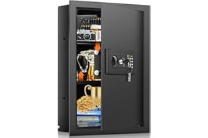 NEBAKNE 22" Tall Fireproof Wall Safes Between the Studs 16" Centers, Hidden Wall Safe with 2 Removable Shelf & Hidden Tray, Heavy Duty Wall Mount Safe for Firearms, Money, Jewelry, Passport Black