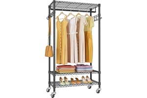 VIPEK R1 Medium Rolling Clothes Racks Portable Garment Rack for Hanging Clothes, 3 Wire Shelves Freestanding Heavy Duty Clothing Racks Storage Drying Rack with Wheels, Hanging Rod, Side Hooks, Black