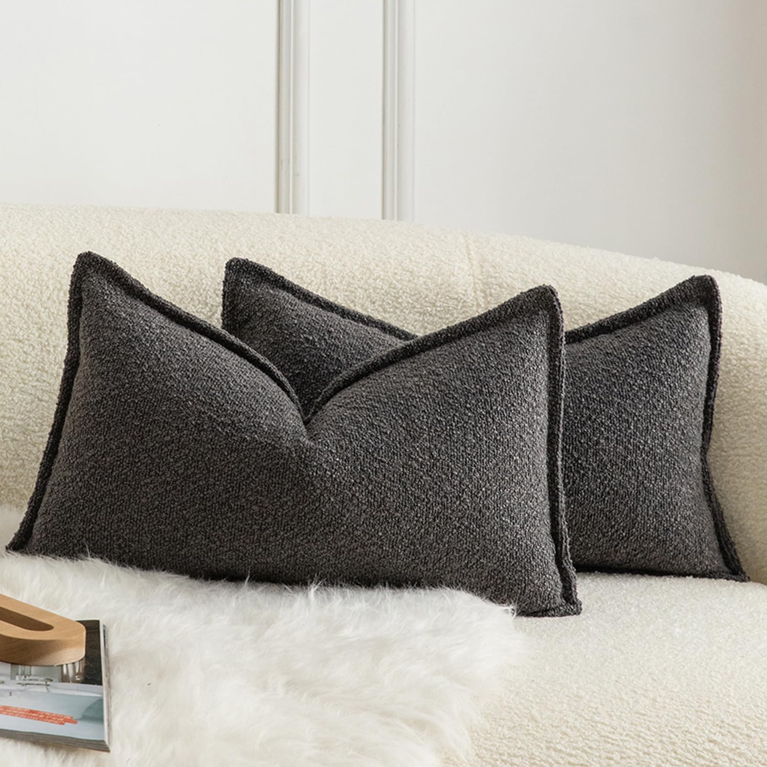 Mandioo Pack of 2 Cushion Covers 30cm x 50cm Decorative Accent Solid Woven Textured Throw Pillow Covers cases Bedroom Living Room Couch Sofa Home 12 x 20 Inch Dark gray