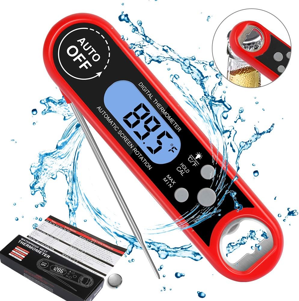 Instant Read Thermometer For Grill And Cooking. Update Meat Thermometer with Backlight and Waterproof IP67 Body,Calibration and Bottle Opener.(Red)