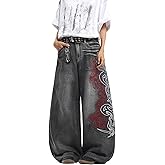 DFGIGT Men's Hip Hop Baggy Jeans Embroidered Wide Leg Skater Jeans Loose Fit Denim Pants Streetwear
