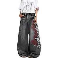 Xojbzoo Unisex Y2K Streetwear Baggy Jeans Retro Totem Print Goth