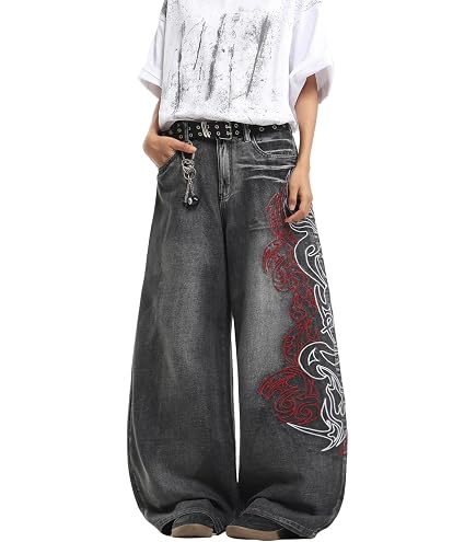 Crancious Y2K Dragon Denim: Unisex Baggy Jeans with Embroidered