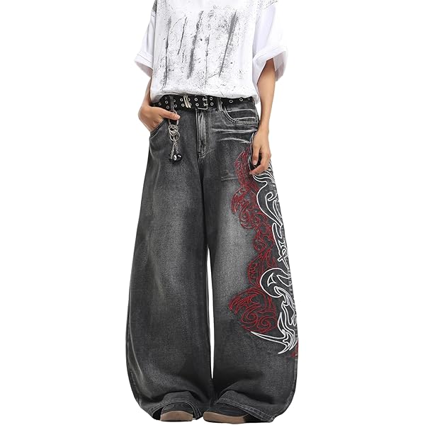 Xojbzoo Unisex Y2K Streetwear Baggy Jeans Retro Totem Print Goth