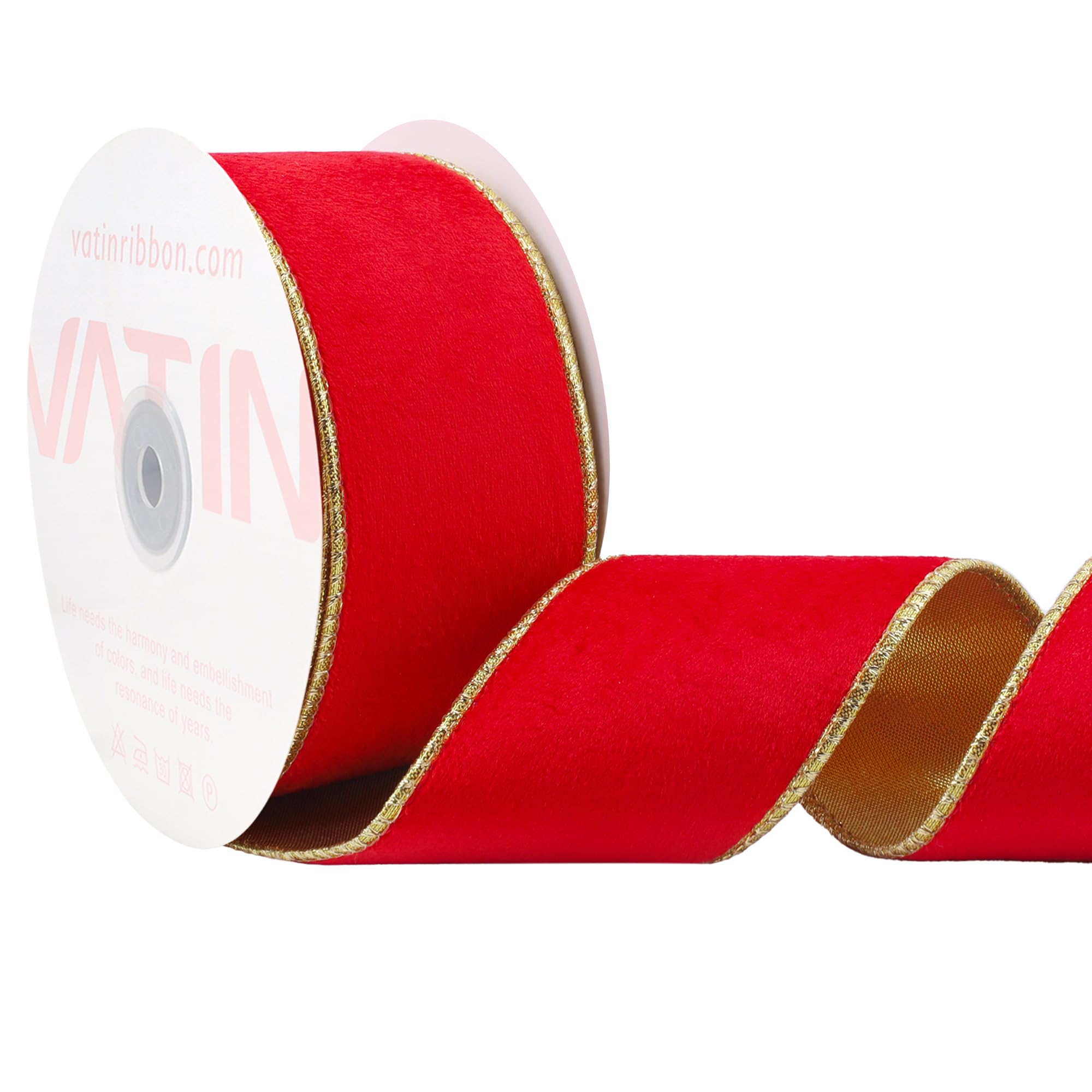 Photo 1 of **VERY USED*** VATIN Red Velvet Wired Ribbon 2.5" Metallic Red Gold Velvet Christmas Ribbon for Floral Arrangements Wrapping Gifts Stylish Decor Creation -Continuous 10 Yards