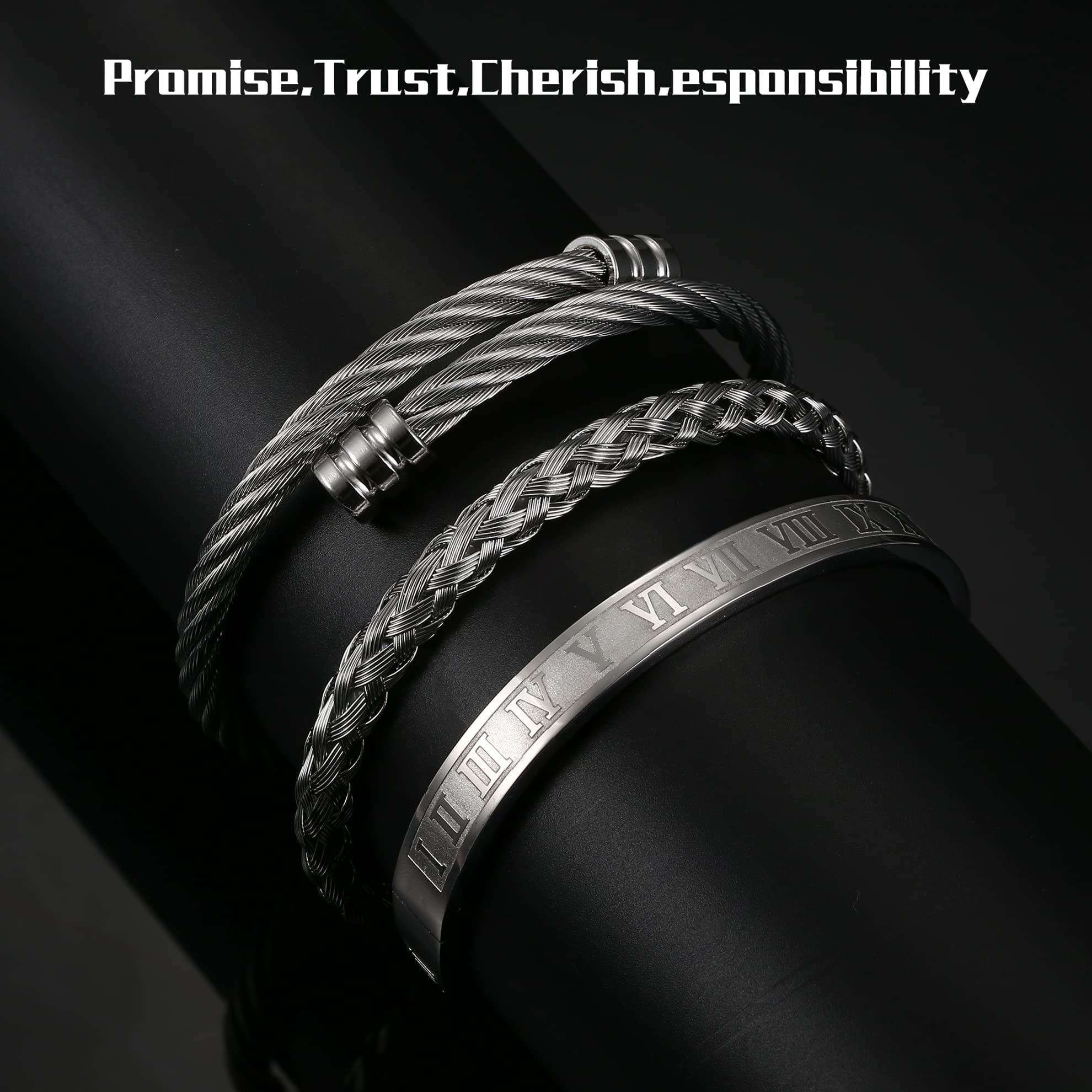 YADOCA 3Pcs Stainless Steel Bracelets for Men Roman Numeral Bangle Bracelet Adjustable Cuff Bracelet Twisted Cable Bracelet Mens Luxury Bracelets Jewelry Gifts Gold/Silver/Black