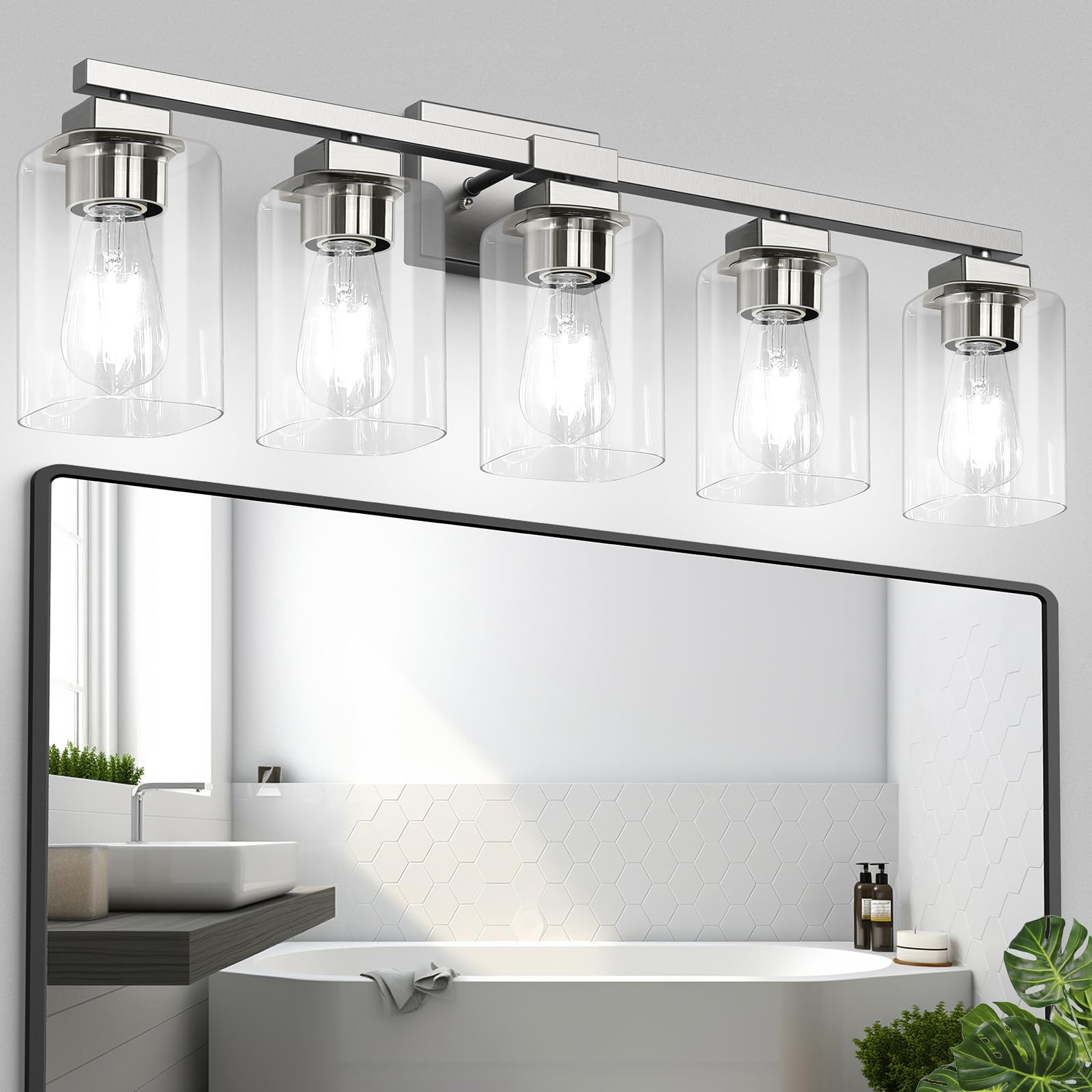 Photo 1 of **1 OF THE GLASS LIGHT COVERS IS BROKEN** BesLowe 30" 5-Light Bathroom Light Fixtures, Modern Nickel Bathroom Vanity Light, Bathroom Lighting Fixtures Over Mirror, Nickel Bathrom Wall Lamp, Wall Lights for Living Room Bedroom Hallway