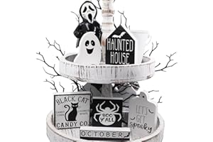 YYBD 6Pcs Halloween Tiered Tray Decor Wood Sign Rustic Farmhouse Decor Wooden Pumpkin Mini Banner Black Cat Ghost Decoration 