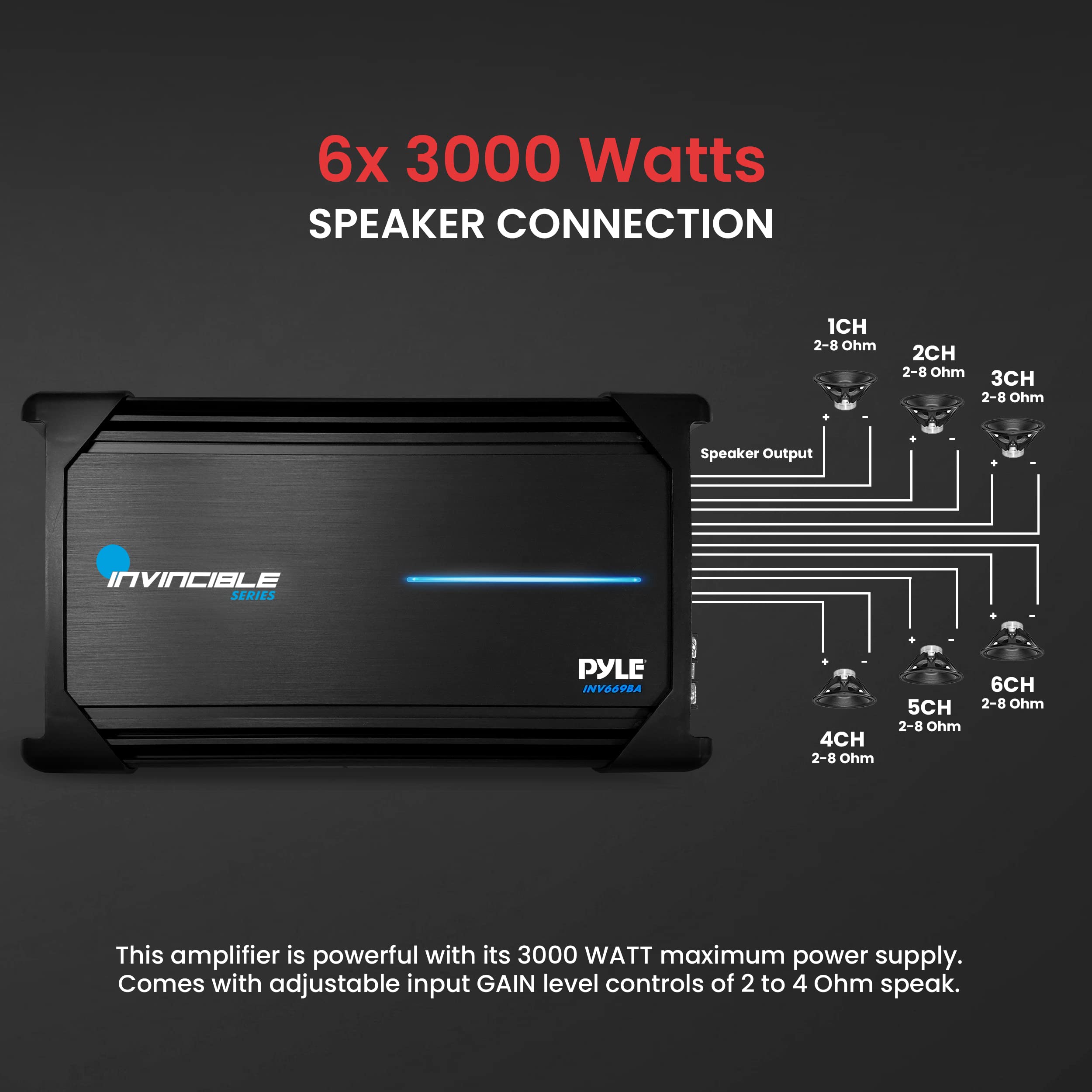 Pyle 18” Class AB Mosfet Amplifier - Invincible Series Bridgeable Amp, 6 Channel 3000 Watts Max, Mosfet PWM Power Supply, High-Current Dual Discrete Drive Stages, Wireless BT Audio Interface