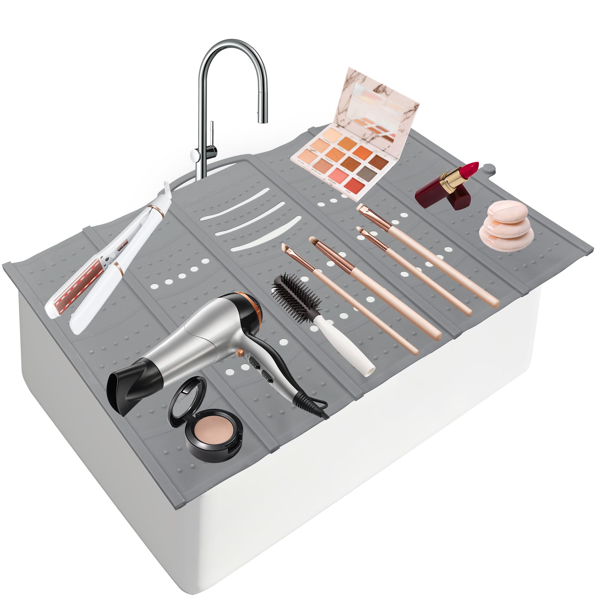 Mofason Large Bathroom Sink Makeup Mat Space Saver,Silicone Makeup Organizer Cover for Over Countertop,Small Bathroom Must Haves Accessories Rv Camper Travel Foldable Gadgets-Grey