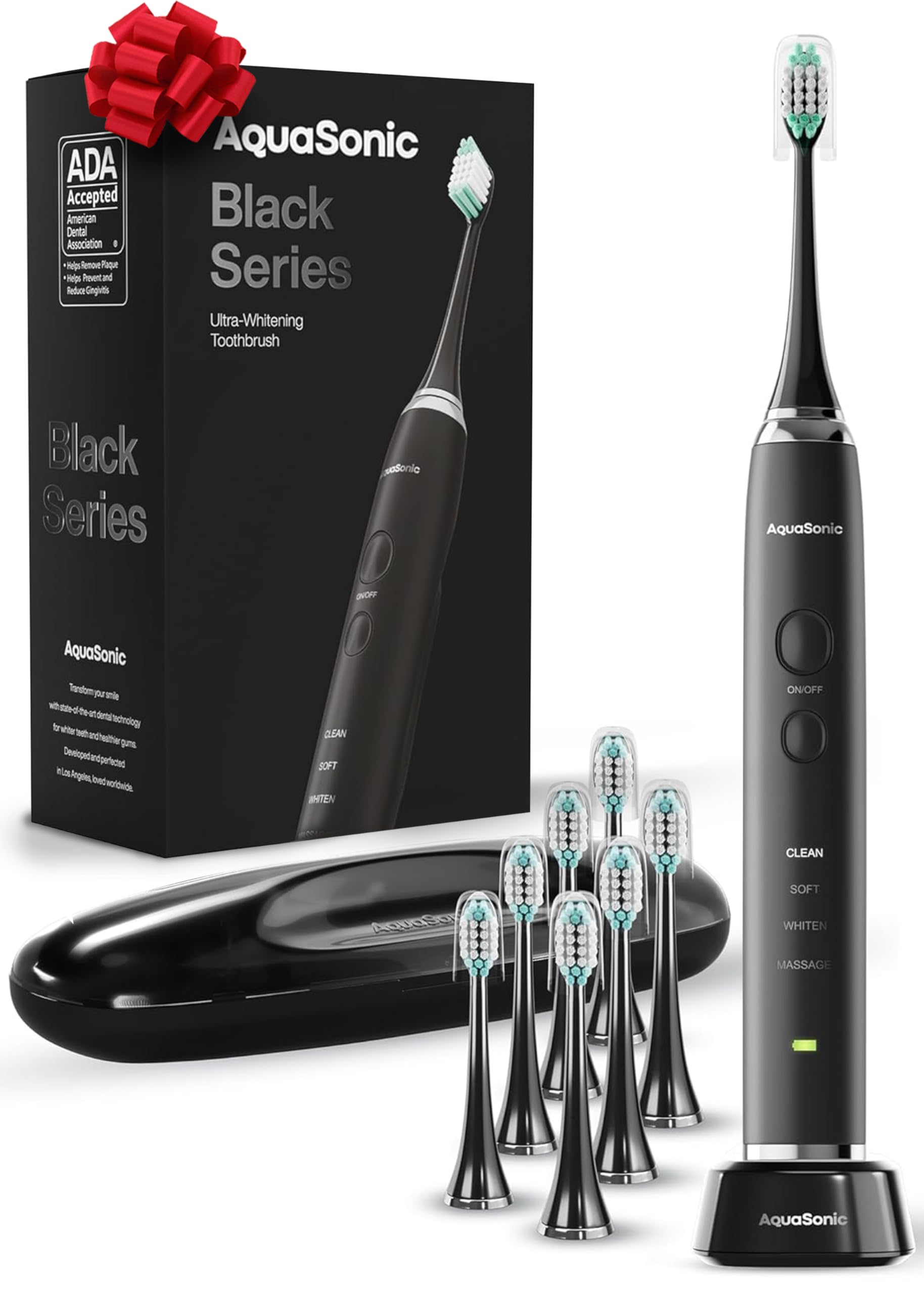 Aquasonic Black Series Ultra Whitening Toothbrush – ADA Accepted Electric Toothbrush- 8 Brush Heads & Travel Case – 40,000 VPM Electric Motor & Wireless Charging - 4 Modes w Smart Timer