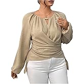 Floerns Women's Plus Size Keyhole Neck Long Sleeve Blouse Tops Wrap Front Dressy Casual Outfit